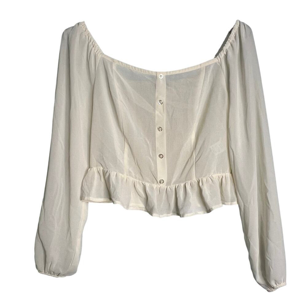 Love Tree Peasant Top Size Small Ivory Chiffon Cropped Smocked Back Festival